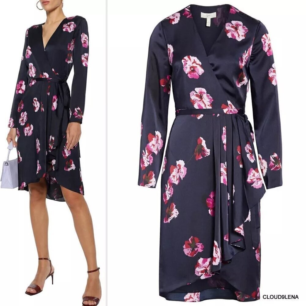 [NWT] Joie Navy Pink Floral Print Silky Satin Wrap Long Sleeve Midi Dress - Sz S